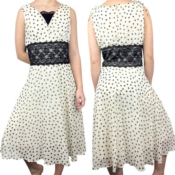 Vintage Y2K Mod Retro Polka Dot Lace Waist Babydoll Midi Dress Cream/Black Sz 8 - Picture 1 of 16